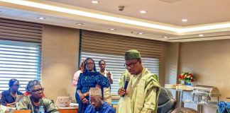 Honourable Minister of State for Health & Social Welfare Dr. Adekunle Salako addressing members of the National Health Research Ethics Committee NHREC, during its 2026 Face- to- Face meeting and Training Workshop in Abuja, and On his immediate right: Dr. Kamil Shoretire Director/Head, Health Planning Research Statistics Department FMoHSW, also On his immediate left: Professor Richard Adegbola Chairman NHREC.
