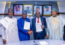 L- R, the Minister of State for Agriculture and Food Security, Sen Dr Aliyu Sabi Abdullahi, Director General, IITA, Dr. Simeon Ehui, Permanent Secretary , Dr Marcus Olaniyi Ogunbiyi and Minister of Agriculture and Food Security, Sen Abubakar Kyari during the Signing of the Memorandum of Understanding on Fertilizer and Soil Health.