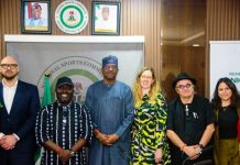 From L-R, Bruce Karsten, Sports Manager, British Cycling Association, Director-General National Sports Commission, Hon. Bukola Olopade, Chairman, National Sports Commission, Mallam Shehu Dikko, Amy Gardner, Director of Sports and Participation, Giando Menico Massari, President Cycling Federation of Nigeria and Izza Ourzik Commercial Strategy Manager of British Cycling Association, during their courtesy visit to the National Sports Commission, MKO Abiola Stadium, Abuja.