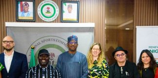 From L-R, Bruce Karsten, Sports Manager, British Cycling Association, Director-General National Sports Commission, Hon. Bukola Olopade, Chairman, National Sports Commission, Mallam Shehu Dikko, Amy Gardner, Director of Sports and Participation, Giando Menico Massari, President Cycling Federation of Nigeria and Izza Ourzik Commercial Strategy Manager of British Cycling Association, during their courtesy visit to the National Sports Commission, MKO Abiola Stadium, Abuja.