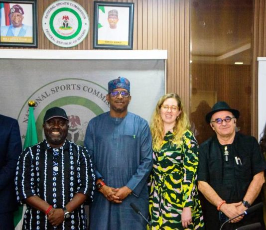 From L-R, Bruce Karsten, Sports Manager, British Cycling Association, Director-General National Sports Commission, Hon. Bukola Olopade, Chairman, National Sports Commission, Mallam Shehu Dikko, Amy Gardner, Director of Sports and Participation, Giando Menico Massari, President Cycling Federation of Nigeria and Izza Ourzik Commercial Strategy Manager of British Cycling Association, during their courtesy visit to the National Sports Commission, MKO Abiola Stadium, Abuja.