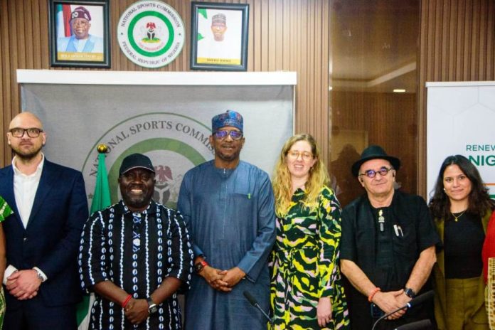 From L-R, Bruce Karsten, Sports Manager, British Cycling Association, Director-General National Sports Commission, Hon. Bukola Olopade, Chairman, National Sports Commission, Mallam Shehu Dikko, Amy Gardner, Director of Sports and Participation, Giando Menico Massari, President Cycling Federation of Nigeria and Izza Ourzik Commercial Strategy Manager of British Cycling Association, during their courtesy visit to the National Sports Commission, MKO Abiola Stadium, Abuja.
