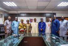 Middle: Dr. Iziaq Adekunle Salako Honourable Minister of State for Health & Social Welfare, On his Right: Dr. Abisola Adegoke mni, Director/Head Hospital Services Department FMoHSW; Chairman Work Hour Regulation & Locum Engagement Policy, On her Left: Dame Francisca Okafor Director Regulatory & Professional Schools Division ( Hospital Services Department) FMoHSW, and Surrounded by other members.