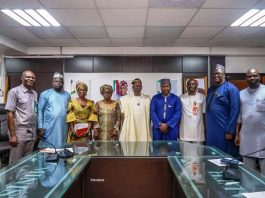 Middle: Dr. Iziaq Adekunle Salako Honourable Minister of State for Health & Social Welfare, On his Right: Dr. Abisola Adegoke mni, Director/Head Hospital Services Department FMoHSW; Chairman Work Hour Regulation & Locum Engagement Policy, On her Left: Dame Francisca Okafor Director Regulatory & Professional Schools Division ( Hospital Services Department) FMoHSW, and Surrounded by other members.