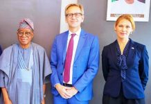 L-R: Honourable Minister of Marine and Blue Economy, His Excellency Dr Adegboyega Oyetola, CON; Ambassador of Denmark to Nigeria, Mr Jens Ole Bach Hansen, and Head of Commercial, Royal Danish Consulate, ⁠Sara Ibru, when the Danish Ambassador visited Minister Oyetola in his office in Abuja on Tuesday.
