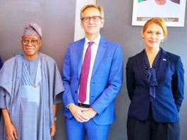 L-R: Honourable Minister of Marine and Blue Economy, His Excellency Dr Adegboyega Oyetola, CON; Ambassador of Denmark to Nigeria, Mr Jens Ole Bach Hansen, and Head of Commercial, Royal Danish Consulate, ⁠Sara Ibru, when the Danish Ambassador visited Minister Oyetola in his office in Abuja on Tuesday.