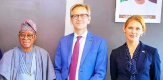 L-R: Honourable Minister of Marine and Blue Economy, His Excellency Dr Adegboyega Oyetola, CON; Ambassador of Denmark to Nigeria, Mr Jens Ole Bach Hansen, and Head of Commercial, Royal Danish Consulate, ⁠Sara Ibru, when the Danish Ambassador visited Minister Oyetola in his office in Abuja on Tuesday.