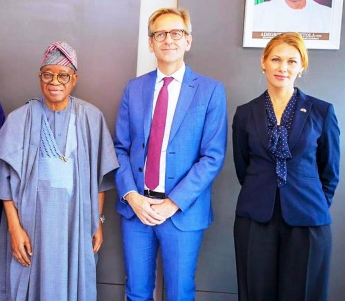 L-R: Honourable Minister of Marine and Blue Economy, His Excellency Dr Adegboyega Oyetola, CON; Ambassador of Denmark to Nigeria, Mr Jens Ole Bach Hansen, and Head of Commercial, Royal Danish Consulate, ⁠Sara Ibru, when the Danish Ambassador visited Minister Oyetola in his office in Abuja on Tuesday.