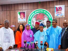Honourable Minister of Marine and Blue Economy, His Excellency Dr Adegboyega Oyetola, CON (seventh from left); Permanent Secretary, Federal Ministry of Marine and Blue Economy, Mrs. Fatima Sugra Mahmood (fifth from left); Chairman, Nigerian Shippers’ Council Governing Board, Dr Ibrahim Shehu Shema (fourth from right); Executive Secretary/CEO of Nigerian Shippers' Council, Dr Pius Akuta (third from right) and other Board Members of the Nigerian Shippers' Council at the inauguration of the NSC Governing Board in Abuja, on Monday.
