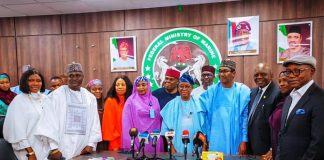 Honourable Minister of Marine and Blue Economy, His Excellency Dr Adegboyega Oyetola, CON (seventh from left); Permanent Secretary, Federal Ministry of Marine and Blue Economy, Mrs. Fatima Sugra Mahmood (fifth from left); Chairman, Nigerian Shippers’ Council Governing Board, Dr Ibrahim Shehu Shema (fourth from right); Executive Secretary/CEO of Nigerian Shippers' Council, Dr Pius Akuta (third from right) and other Board Members of the Nigerian Shippers' Council at the inauguration of the NSC Governing Board in Abuja, on Monday.