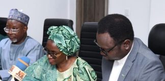 The Honourable Minister of Youth Development, Comrade Ayodele Olawande, Permanent Secretary Dr. Maryam Ismaila Kenshiro, and the Director, Education and Youth Development (EYD), Kabiru Mohammed, at the signing of a landmark MoU with the Africa Projects Development Centre (APDC) to revitalize Youth Development Centres nationwide, in Abuja.