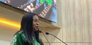 The Permanent Secretary MPR. Mrs. Patience N. Oyekunle delivering her address at the Town Hall Meeting in Abuja.