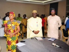 L -R. The Country Rep. Self Help Africa, Mrs Joy Aderele, Permanent Secretary,FMAFS, Dr Marcus Olaniyi Ogunbiyi and Director, Agricultural Land and Climate Change Management Services Department, Mr Oshadiya Olanipekun during the close out workshop in Abuja.