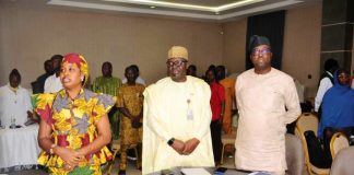 L -R. The Country Rep. Self Help Africa, Mrs Joy Aderele, Permanent Secretary,FMAFS, Dr Marcus Olaniyi Ogunbiyi and Director, Agricultural Land and Climate Change Management Services Department, Mr Oshadiya Olanipekun during the close out workshop in Abuja.