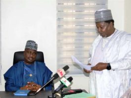 L- R, the Minister of State for Agriculture and Food Security, Sen Dr Aliyu Sabi Abdullahi and the Vice Chancellor, FUEK, Kontagora, Prof Faruk Haruna, during a courtesy visit by the Vice Chancellor.