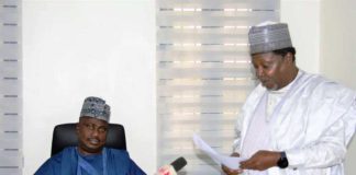 L- R, the Minister of State for Agriculture and Food Security, Sen Dr Aliyu Sabi Abdullahi and the Vice Chancellor, FUEK, Kontagora, Prof Faruk Haruna, during a courtesy visit by the Vice Chancellor.