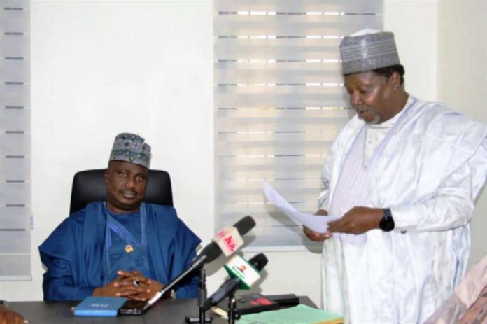 L- R, the Minister of State for Agriculture and Food Security, Sen Dr Aliyu Sabi Abdullahi and the Vice Chancellor, FUEK, Kontagora, Prof Faruk Haruna, during a courtesy visit by the Vice Chancellor.