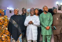 The Honourable Minister of Water Resources and Sanitation, Engr. Prof. Joseph Terlumun Utsev, FNSE (middle), accompanied by the Permanent Secretary, Dr. Emanso Umobong (second left); the Director of Irrigation and Drainage, Engr. Oyeronke Oluniyi (second right); the Director of Information and Public Relations, Mrs. Funmi Imuetinyan (left); were received today by the National Coordinator of SPIN, Engr. Ipinlaye Olaiya (right), during an inspection visit to the SPIN Office in Apo, Abuja.