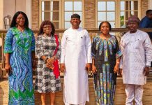 The Honourable Minister of Water Resources and Sanitation, Engr. Prof. Joseph Terlumun Utsev, FNSE (middle), accompanied by the Permanent Secretary, Dr. Emanso Umobong (second left); the Director of Irrigation and Drainage, Engr. Oyeronke Oluniyi (second right); the Director of Information and Public Relations, Mrs. Funmi Imuetinyan (left); were received today by the National Coordinator of SPIN, Engr. Ipinlaye Olaiya (right), during an inspection visit to the SPIN Office in Apo, Abuja.