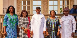 The Honourable Minister of Water Resources and Sanitation, Engr. Prof. Joseph Terlumun Utsev, FNSE (middle), accompanied by the Permanent Secretary, Dr. Emanso Umobong (second left); the Director of Irrigation and Drainage, Engr. Oyeronke Oluniyi (second right); the Director of Information and Public Relations, Mrs. Funmi Imuetinyan (left); were received today by the National Coordinator of SPIN, Engr. Ipinlaye Olaiya (right), during an inspection visit to the SPIN Office in Apo, Abuja.