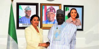 L-R, the Minister of State for Finance, Dr. Doris Uzoka - Anite and Minister of State for Agriculture and Food Security, Sen Dr Aliyu Sabi Abdullahi during the courtesy visit.
