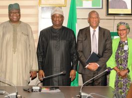(3rd from right): Hon. Minister of Aviation and Aerospace Development, Festus Keyamo SAN, Permanent Secretary of the Ministry, Dr. Yakubu Adam Kofarmata, in a group Photograph during the courtesy visit by Baze University in Abuja.
