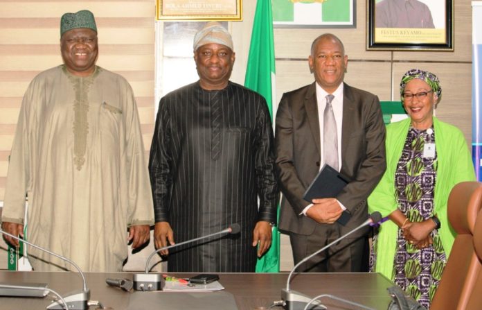 (3rd from right): Hon. Minister of Aviation and Aerospace Development, Festus Keyamo SAN, Permanent Secretary of the Ministry, Dr. Yakubu Adam Kofarmata, in a group Photograph during the courtesy visit by Baze University in Abuja.