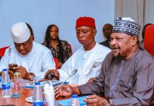 Chairman Senate Committee on Sports Senator Abdul Ningi (right), Vice-chairman Sen. Ned Nwoko (center) and Sen. Osita Izunaso during the National Sports Commission's budget defense at the senate on Thursday 12th February
