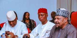 Chairman Senate Committee on Sports Senator Abdul Ningi (right), Vice-chairman Sen. Ned Nwoko (center) and Sen. Osita Izunaso during the National Sports Commission's budget defense at the senate on Thursday 12th February
