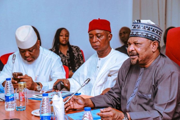 Chairman Senate Committee on Sports Senator Abdul Ningi (right), Vice-chairman Sen. Ned Nwoko (center) and Sen. Osita Izunaso during the National Sports Commission's budget defense at the senate on Thursday 12th February