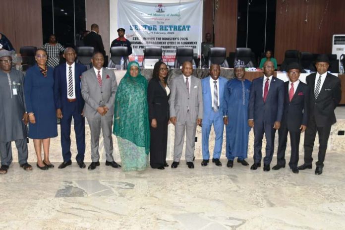 Hon. Attorney General of the Federation and Minister of Justice, Lateef fagbemi SAN. SGF/PS, FMOJ. Beatrice Jeddy Agba and Others Head's of Agency in the Ministry in a Group Photograph during FMOJ. Sector Retreat on Streamling the Ministry's 2026 Performance Management Cycle in Alignment with the Presidential Priorities and sector Specific Deliverable in the Ministry.