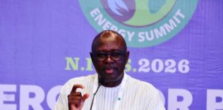Honourable Minister of State Petroleum Resources (Oil) Sen. Heineken Lokpobiri Ph.d delivering his address at the 9th Nigeria International Energy Summit (NIES 2026) in Abuja.