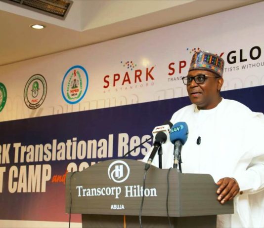 The Coordinating Minister of Health & Social Welfare, Professor Muhammad Ali Pate CON, delivering the keynote address during the opening ceremony of the SPARK Translational Research Boot Camp and Conference 2026, held in Abuja.