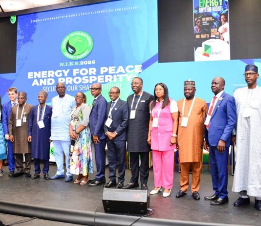 (6th left) The Honourable Minister of State Petroleum Resources (Oil) Sen. Heineken Lokpobiri and (5th right) the Permanent Secretary MPR. Mrs. Patience N. Oyekunle flanked by other dignitaries in the Oil and Gas Industry in a group photograph during the closing ceremony of NIES 2026 that took place in Abuja.