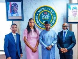 L-R: Vice President, Nigeria Sovereign Investment Authority (NSIA), Mr. Abraham Durosawo; Head, Government Relations and Administration, NSIA, Ms. Charlotte Adesiyan; Minister of State Petroleum Resources (Gas), Rt. Hon. Ekperikpe Ekpo with Uduak Ukpeh, Legal Counsel and Secretary of the Governing Council of NSIA, during a visit to the Minister at the Ministry of Petroleum Resources, NNPC Towers, Abuja on Thursday.