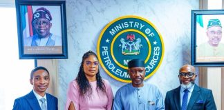 L-R: Vice President, Nigeria Sovereign Investment Authority (NSIA), Mr. Abraham Durosawo; Head, Government Relations and Administration, NSIA, Ms. Charlotte Adesiyan; Minister of State Petroleum Resources (Gas), Rt. Hon. Ekperikpe Ekpo with Uduak Ukpeh, Legal Counsel and Secretary of the Governing Council of NSIA, during a visit to the Minister at the Ministry of Petroleum Resources, NNPC Towers, Abuja on Thursday.