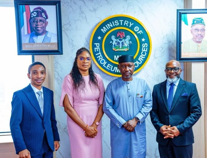 L-R: Vice President, Nigeria Sovereign Investment Authority (NSIA), Mr. Abraham Durosawo; Head, Government Relations and Administration, NSIA, Ms. Charlotte Adesiyan; Minister of State Petroleum Resources (Gas), Rt. Hon. Ekperikpe Ekpo with Uduak Ukpeh, Legal Counsel and Secretary of the Governing Council of NSIA, during a visit to the Minister at the Ministry of Petroleum Resources, NNPC Towers, Abuja on Thursday.