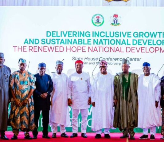 Minister of Budget and Economic Planning, Alh Abubakar Bagudu; Osun State Deputy Governor, Mr Kola Adewusi; Minister of Gas, Hon Ekperikpe Ekpo; Director General National Institute for Legislative and Democratic Studies, Prof Abubakar Sulaiman: Imo State Governor, Sen Hope Uzodinma;Senate President, Sen. Godswill Akpabio; Vice President Kashim Shettima; Ondo State Governor, Mr Lucky Aiyedatiwa;Minister Of State FCT, Hajiya Mariya Bunkure and Chairman Presidential Committee on Fiscal Policy and Tax Reforms, Mr Taiwo Oyedele during the closing ceremony of the 2nd Edition of National Economic Council Conference at the State House Conference Centre, Abuja on Tuesday, 10-02-2026