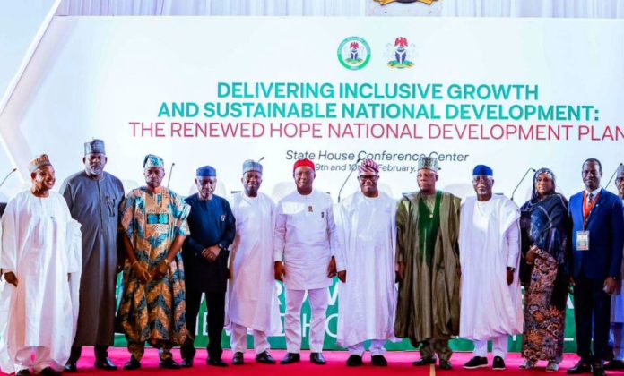 Minister of Budget and Economic Planning, Alh Abubakar Bagudu; Osun State Deputy Governor, Mr Kola Adewusi; Minister of Gas, Hon Ekperikpe Ekpo; Director General National Institute for Legislative and Democratic Studies, Prof Abubakar Sulaiman: Imo State Governor, Sen Hope Uzodinma;Senate President, Sen. Godswill Akpabio; Vice President Kashim Shettima; Ondo State Governor, Mr Lucky Aiyedatiwa;Minister Of State FCT, Hajiya Mariya Bunkure and Chairman Presidential Committee on Fiscal Policy and Tax Reforms, Mr Taiwo Oyedele during the closing ceremony of the 2nd Edition of National Economic Council Conference at the State House Conference Centre, Abuja on Tuesday, 10-02-2026