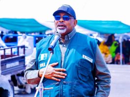 The Minister of Agriculture and Food Security, Sen Abubakar Kyari during the flag-off of the distribution of agricultural inputs in Lafia, Nasarawa State