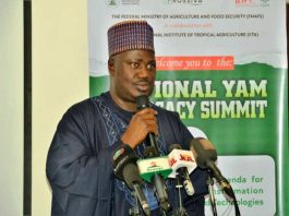 The Minister of State for Agriculture and Food Security, Sen Dr Aliyu Sabi Abdullahi, during the National Yam summit.