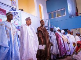 (L–R) The Honourable Minister of Livestock Development, Alhaji Idi Mukhtar Maiha; the Honourable Minister of Information and National Orientation, Mohammed Idris, fnipr; representative of the Governor of Kaduna State and Director-General, Kaduna State Bureau of Interfaith, Tahir Umar Tahir; the Governor of Jigawa State, Malam Umar Namadi; the Emir of Bida, Alhaji Yahaya Abubakar; the Emir of Zazzau, Alhaji Ahmed Nuhu Bamalli; Director-General, Federal Radio Corporation of Nigeria (FRCN), Dr. Mohammed Bulama; Director-General, Nigerian Television Authority (NTA), Salihu Abdulhamid Dembos; and Director-General, Voice of Nigeria (VON), Mallam Jibrin Baba Ndace, during the 20th Annual Ramadan Lecture held on February 28, 2026, in Kaduna