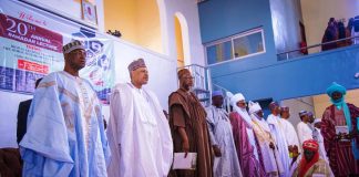 (L–R) The Honourable Minister of Livestock Development, Alhaji Idi Mukhtar Maiha; the Honourable Minister of Information and National Orientation, Mohammed Idris, fnipr; representative of the Governor of Kaduna State and Director-General, Kaduna State Bureau of Interfaith, Tahir Umar Tahir; the Governor of Jigawa State, Malam Umar Namadi; the Emir of Bida, Alhaji Yahaya Abubakar; the Emir of Zazzau, Alhaji Ahmed Nuhu Bamalli; Director-General, Federal Radio Corporation of Nigeria (FRCN), Dr. Mohammed Bulama; Director-General, Nigerian Television Authority (NTA), Salihu Abdulhamid Dembos; and Director-General, Voice of Nigeria (VON), Mallam Jibrin Baba Ndace, during the 20th Annual Ramadan Lecture held on February 28, 2026, in Kaduna