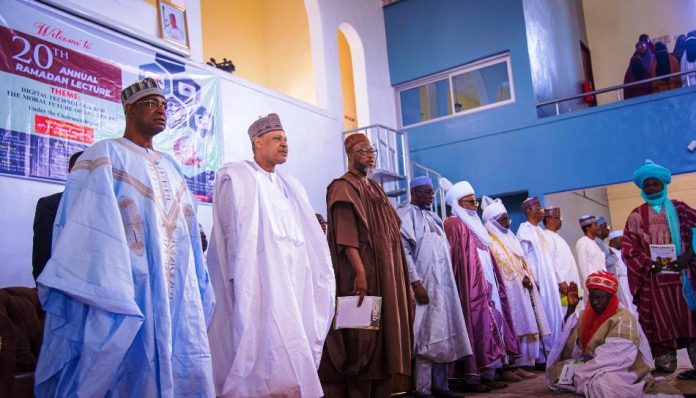 (L–R) The Honourable Minister of Livestock Development, Alhaji Idi Mukhtar Maiha; the Honourable Minister of Information and National Orientation, Mohammed Idris, fnipr; representative of the Governor of Kaduna State and Director-General, Kaduna State Bureau of Interfaith, Tahir Umar Tahir; the Governor of Jigawa State, Malam Umar Namadi; the Emir of Bida, Alhaji Yahaya Abubakar; the Emir of Zazzau, Alhaji Ahmed Nuhu Bamalli; Director-General, Federal Radio Corporation of Nigeria (FRCN), Dr. Mohammed Bulama; Director-General, Nigerian Television Authority (NTA), Salihu Abdulhamid Dembos; and Director-General, Voice of Nigeria (VON), Mallam Jibrin Baba Ndace, during the 20th Annual Ramadan Lecture held on February 28, 2026, in Kaduna