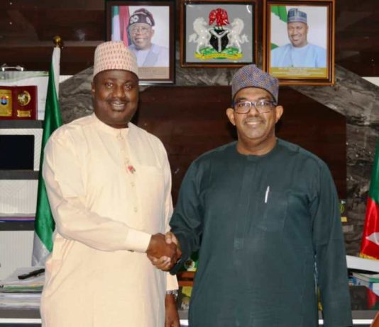 L- R, the Minister of State for Agriculture and Food Security, Sen Dr Aliyu Sabi Abdullahi and FAO Representative in Nigeria and ECOWAS, Hussein Gadain during the courtesy visit.