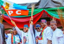 (L-R)Senator Abdulaziz Yari, Zamfara State Governor, His Excellency Dauda Lawal,Minister of State Defence, Hon Bello Matawalle, APC National Chairman, Professor Nentawe Yilwatda, APC Deputy National Chairman (North) Hon Ali Bukar Dalori during the official reception for Governor Dauda Lawal in to the All Progressives Congress in Gusau, Zamfara State on Tuesday, 24th March, 2026