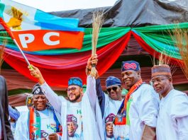 (L-R)Senator Abdulaziz Yari, Zamfara State Governor, His Excellency Dauda Lawal,Minister of State Defence, Hon Bello Matawalle, APC National Chairman, Professor Nentawe Yilwatda, APC Deputy National Chairman (North) Hon Ali Bukar Dalori during the official reception for Governor Dauda Lawal in to the All Progressives Congress in Gusau, Zamfara State on Tuesday, 24th March, 2026