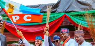 (L-R)Senator Abdulaziz Yari, Zamfara State Governor, His Excellency Dauda Lawal,Minister of State Defence, Hon Bello Matawalle, APC National Chairman, Professor Nentawe Yilwatda, APC Deputy National Chairman (North) Hon Ali Bukar Dalori during the official reception for Governor Dauda Lawal in to the All Progressives Congress in Gusau, Zamfara State on Tuesday, 24th March, 2026