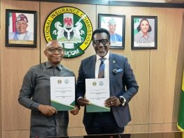 Left: Director-General, Bureau of Public Procurement (BPP), Dr. Adebowale A. Adedokun, FCIPS, FCILT, FSM and National Commissioner/CEO, National Insurance Commission (NAICOM), Mr. Olusegun Ayo Omosehin display the copies of the signed MoU in Abuja