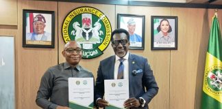 Left: Director-General, Bureau of Public Procurement (BPP), Dr. Adebowale A. Adedokun, FCIPS, FCILT, FSM and National Commissioner/CEO, National Insurance Commission (NAICOM), Mr. Olusegun Ayo Omosehin display the copies of the signed MoU in Abuja
